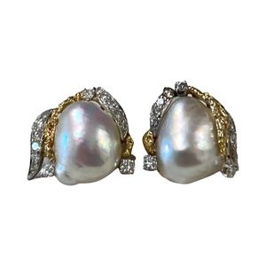 Vintage Estate 18k Yellow and White Gold Baroque Pearl Earrings with Diamonds